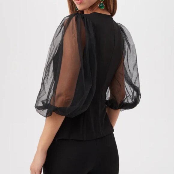 Trina Turk 'Lilith' Puffed Tulle-Sleeve Stretch-Crepe Top, Black - Picture 2 of 3
